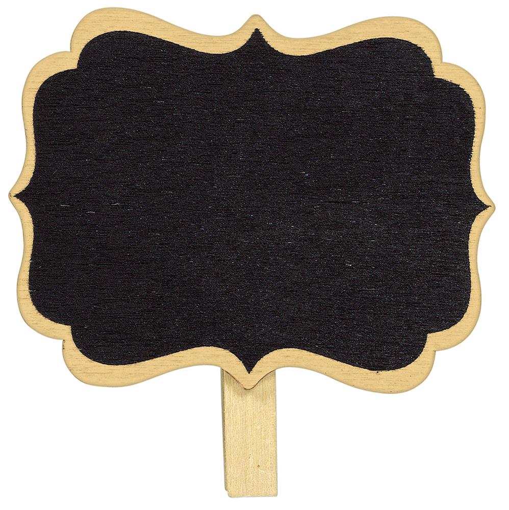 Black chalkboard label with scalloped edges and natural wood clip attached at bottom.