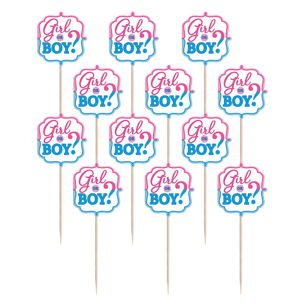 Wooden picks with pink and blue "Girl or Boy?" tags in decorative script for gender reveal parties.