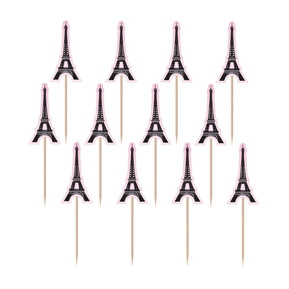 Set of 12 Eiffel Tower paper picks with black and pink detailing on wooden sticks.
