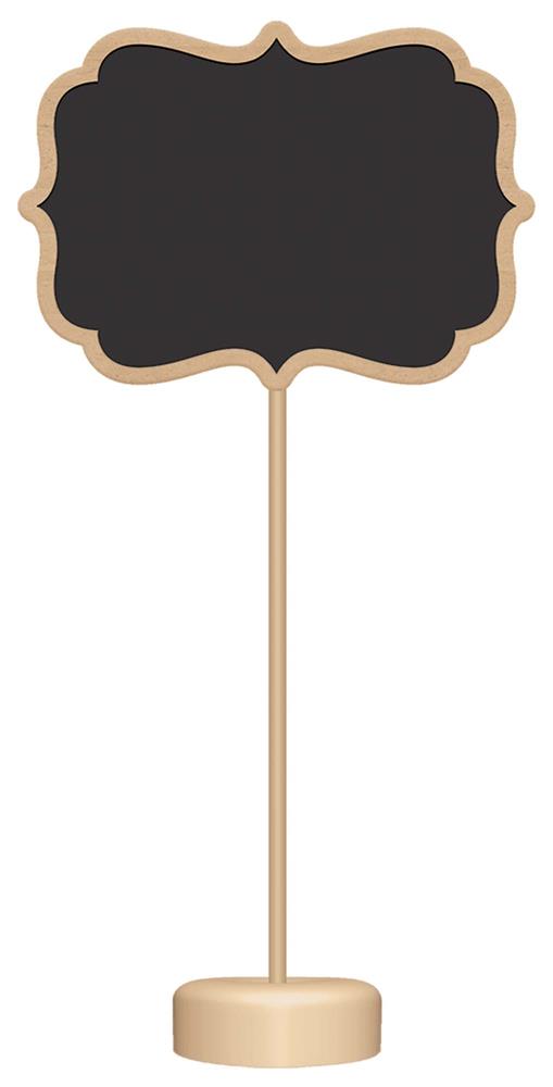 Set of four standing chalkboard signs with scalloped black boards and light wooden bases and poles.