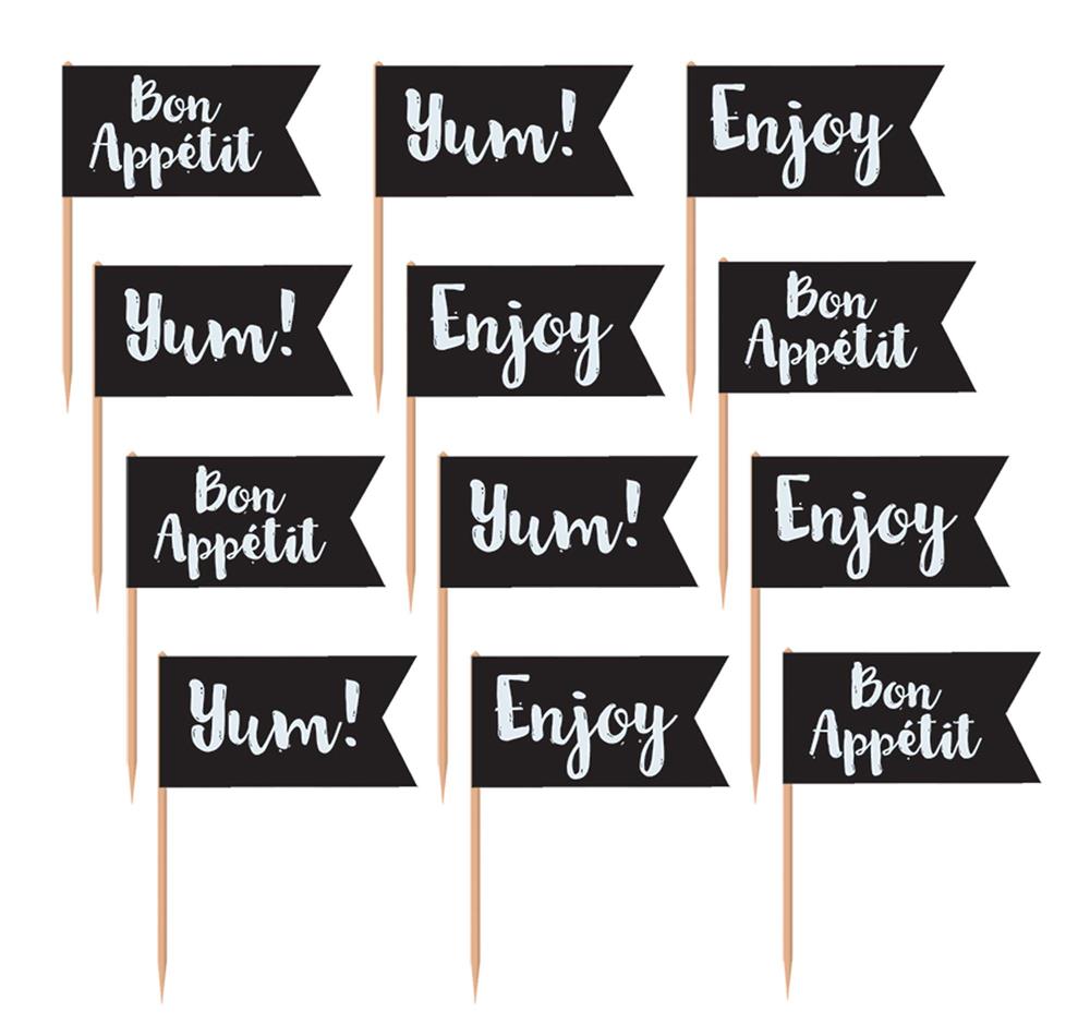 Black chalkboard-style flag picks with white script words like Yum!, Enjoy, and Bon Appétit on wooden sticks.