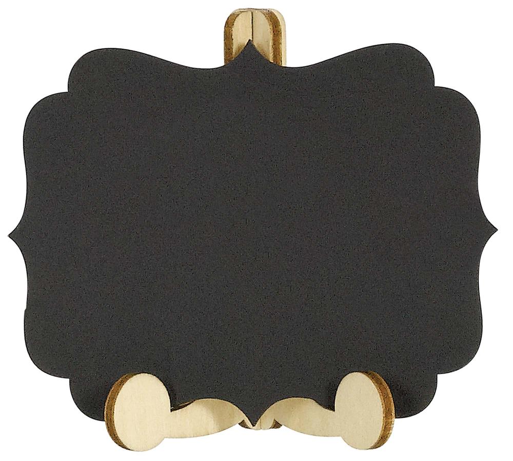 Black chalkboard with scalloped edges on a natural wood mini easel stand.