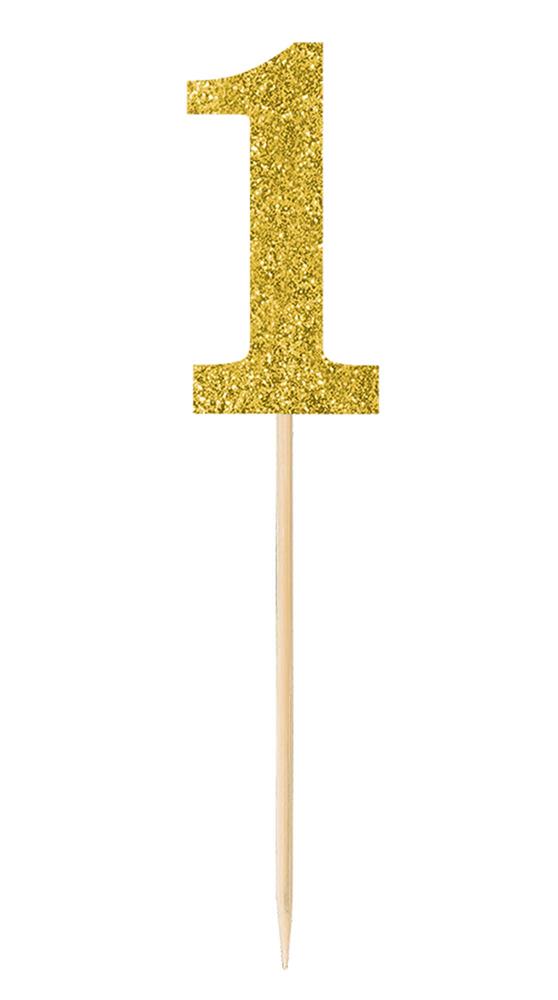 Small gold glitter number 1 cake pick with wooden stick for decoration.