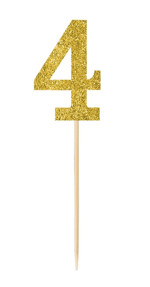Gold glitter number 4 cake pick on a wooden stick for decoration.