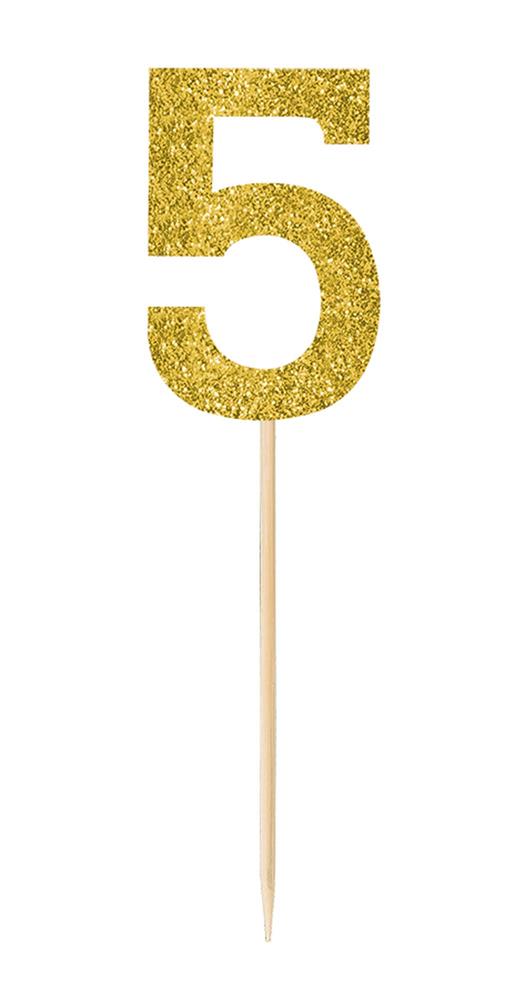 Small gold glitter number 5 cake pick with wooden stick for decorating.