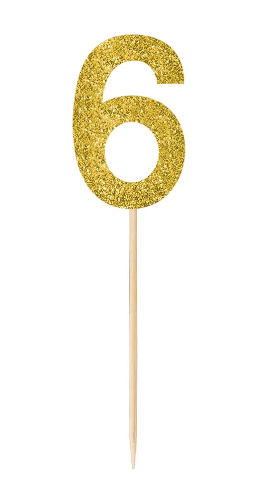 Small gold glitter number 6 cake pick with wooden toothpick handle.