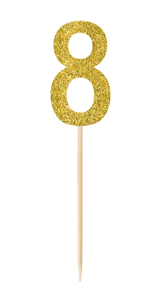Small gold glitter number 8 cake topper pick with wooden toothpick base.