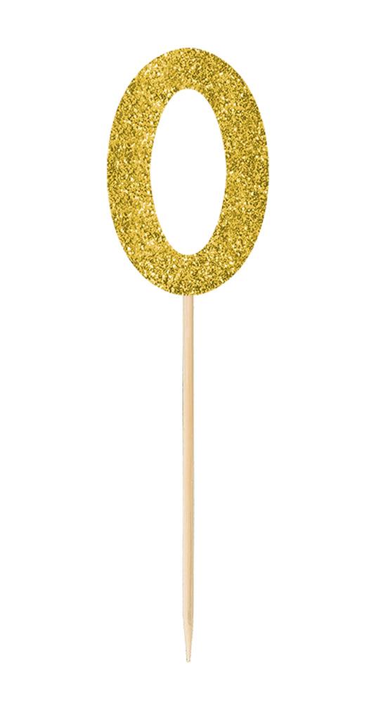 Gold glitter number zero cake pick with wooden stick, sparkly textured finish.