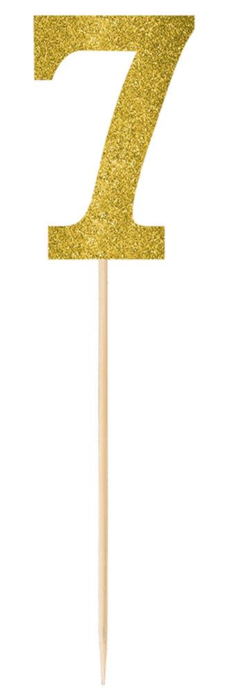 Gold glitter number 7 cake topper pick with wooden stick base.