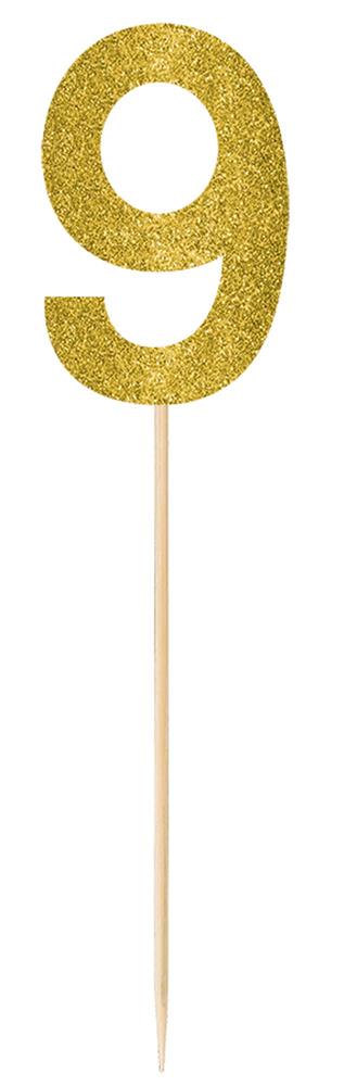 Gold glitter number 9 cake pick with pointed wooden stick, large size, set of 2.