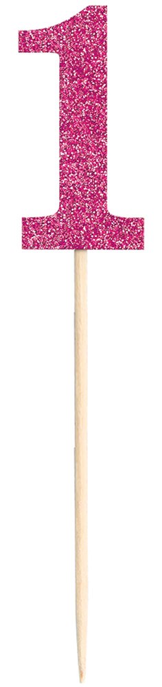 Pink glitter number 1 cake pick with wooden stick, large size, set of two.