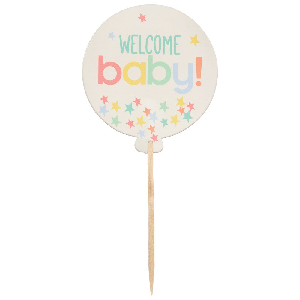 Round paper baby shower pick with "Welcome baby!" text in pastel colors and multicolored star accents on a wooden stick.