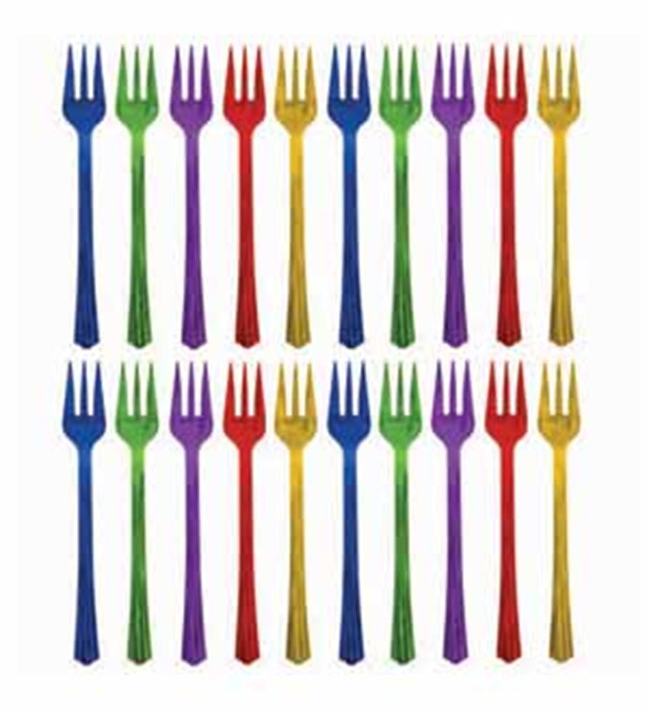Set of 20 colorful cocktail forks in jewel tones of blue, green, purple, red, and gold with three short tines each.