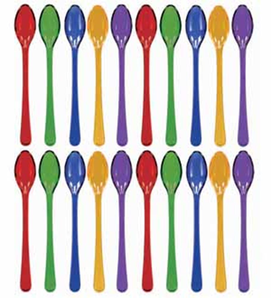 Assorted colorful plastic cocktail spoons in red, green, yellow, orange, and purple with rounded handles and small oval.