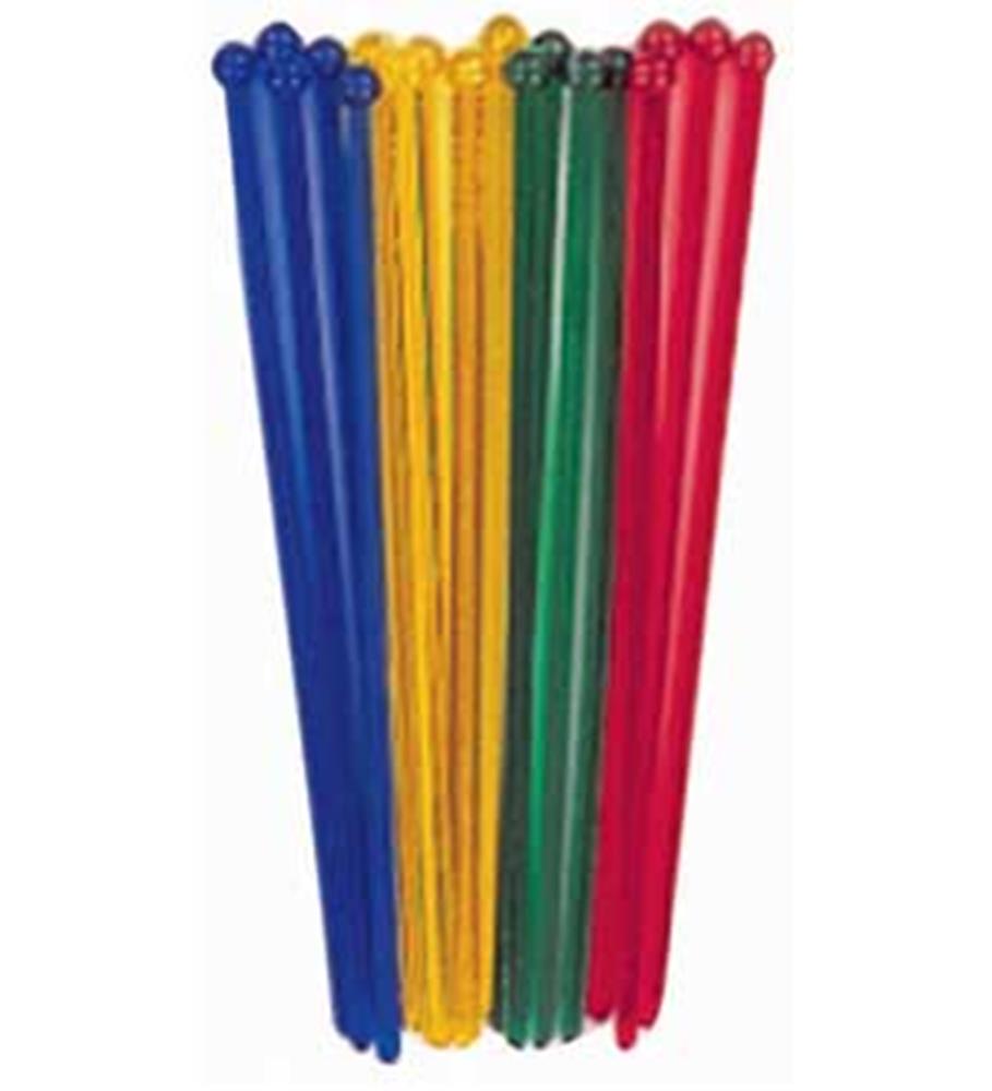 Set of 18 colorful plastic stir sticks in blue, yellow, green, and red with rounded tops.