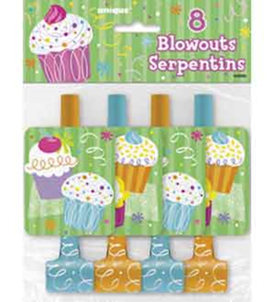 Set of 8 colorful cupcake-themed party blowouts with sprinkles and swirled frosting designs.