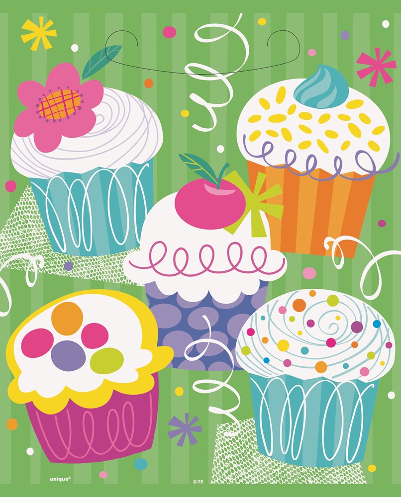 Colorful cupcake-themed loot bag with five illustrated cupcakes, swirls, flowers, and confetti on a green background.