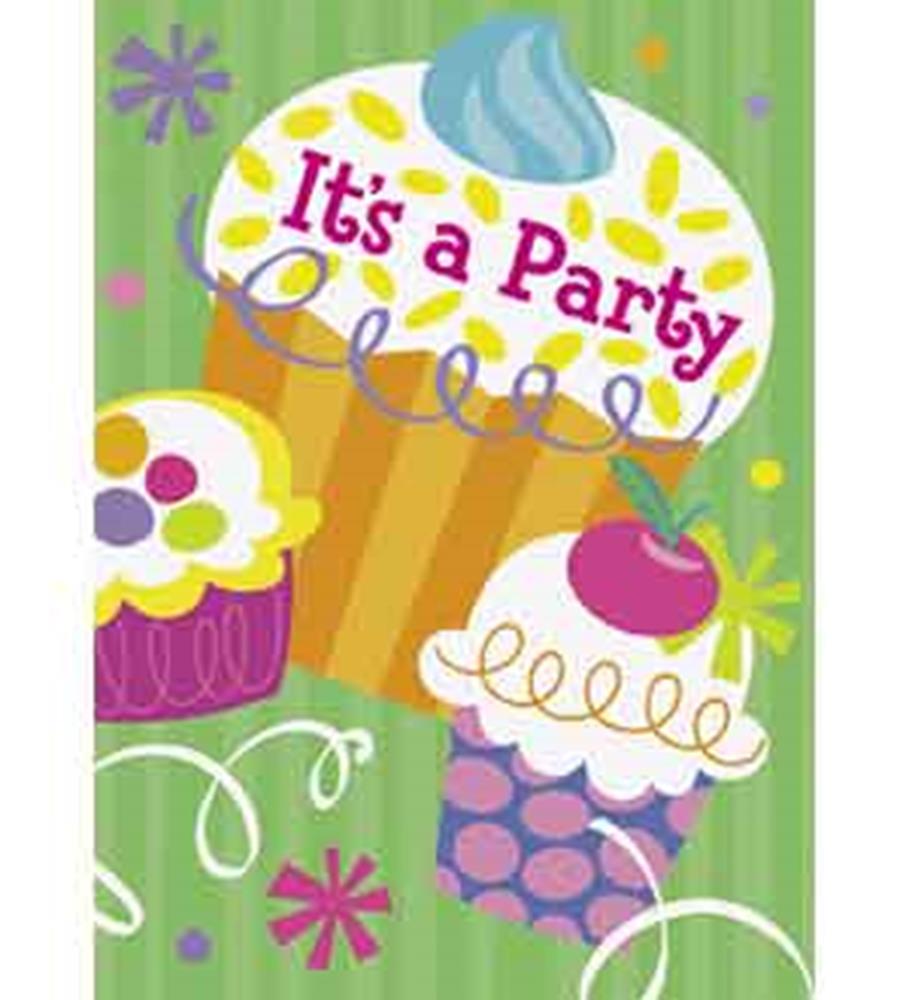 Colorful cupcake-themed party invitation with green striped background and “It’s a Party” text on frosting.