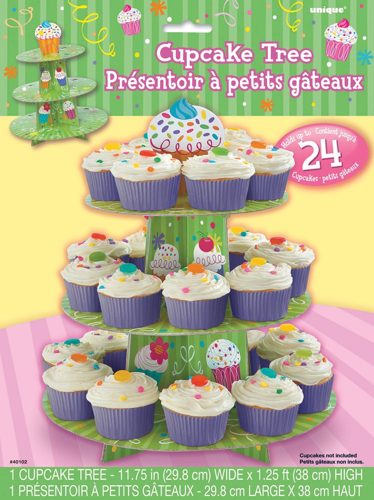Three-tier green cupcake tree stand holding 24 colorful cupcakes with white frosting and sprinkles on a pink and yellow.