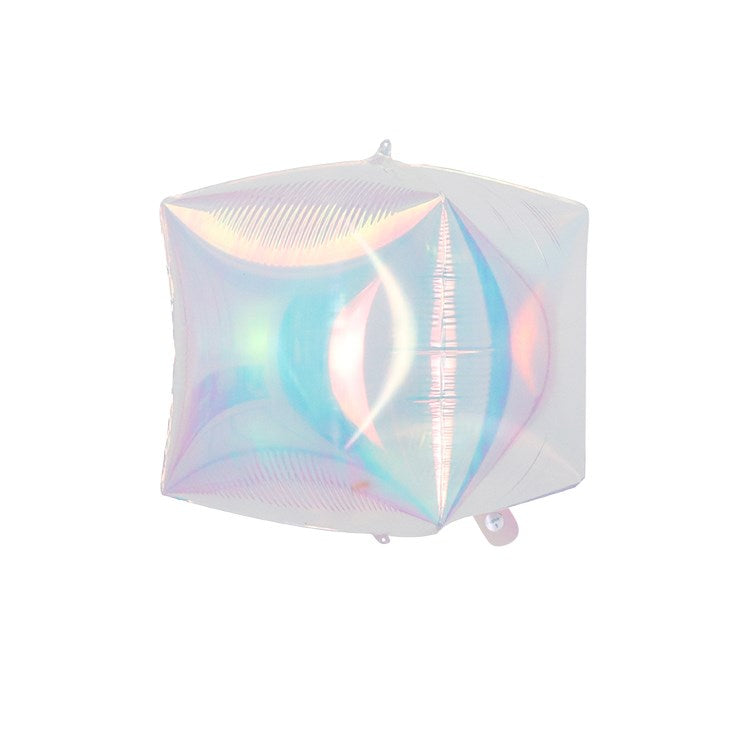 12-inch cube-shaped foil balloon with iridescent mother of pearl finish.