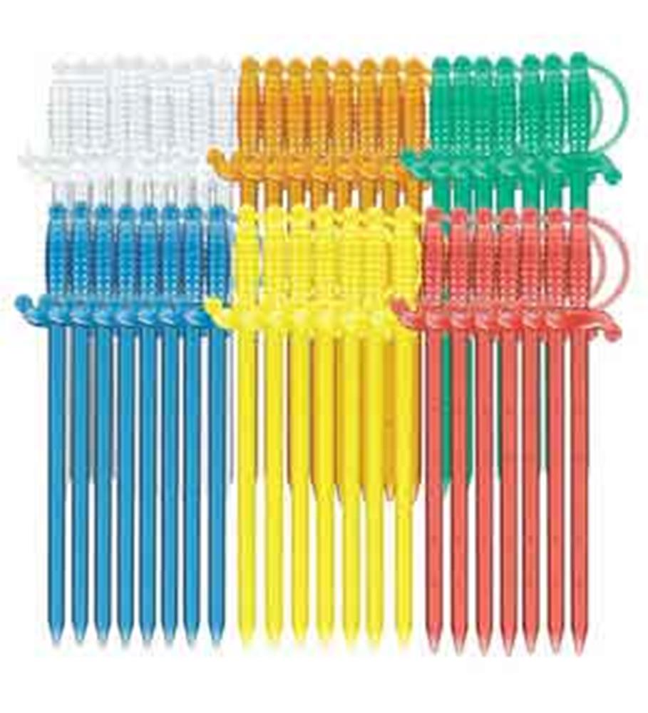 Colorful plastic sword-shaped cocktail picks in white, yellow, green, blue, and red, 50 count set.