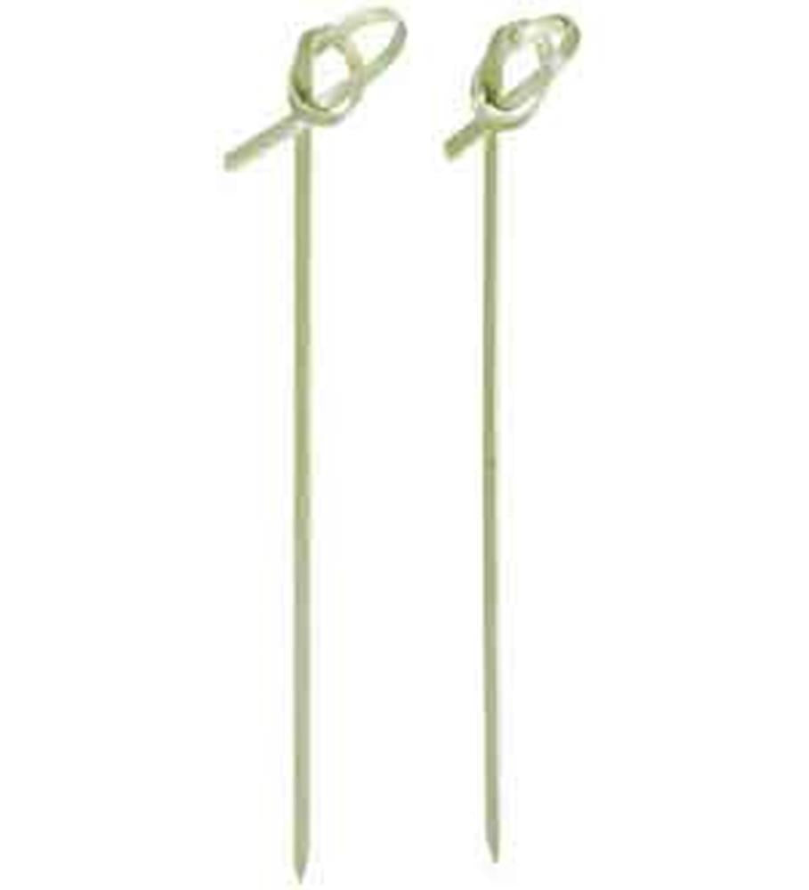 Two light beige bamboo picks with twisted looped frill tops, 4.5 inches long, smooth finish.
