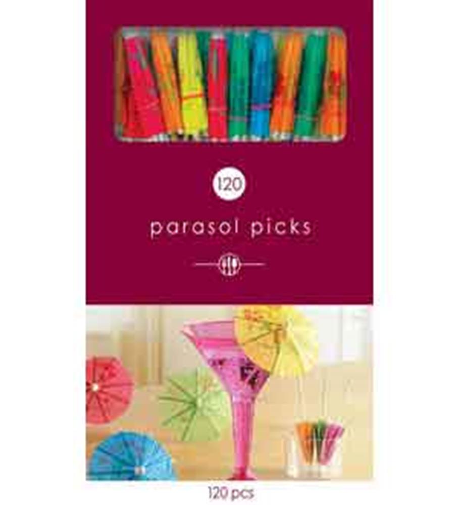 Assorted colorful paper parasol picks in red, yellow, green, blue, and orange, 4 inch length, packed in clear plastic tray.