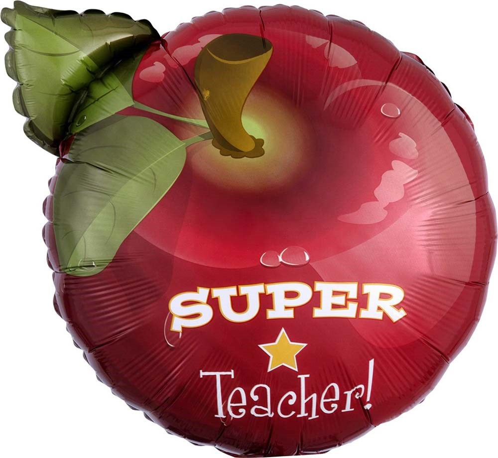 Red apple-shaped foil balloon with green leaves and "Super Teacher!" text in white and yellow.