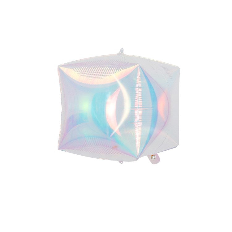 Iridescent mother of pearl foil balloon shaped like a 3D cube, 22 inches wide.