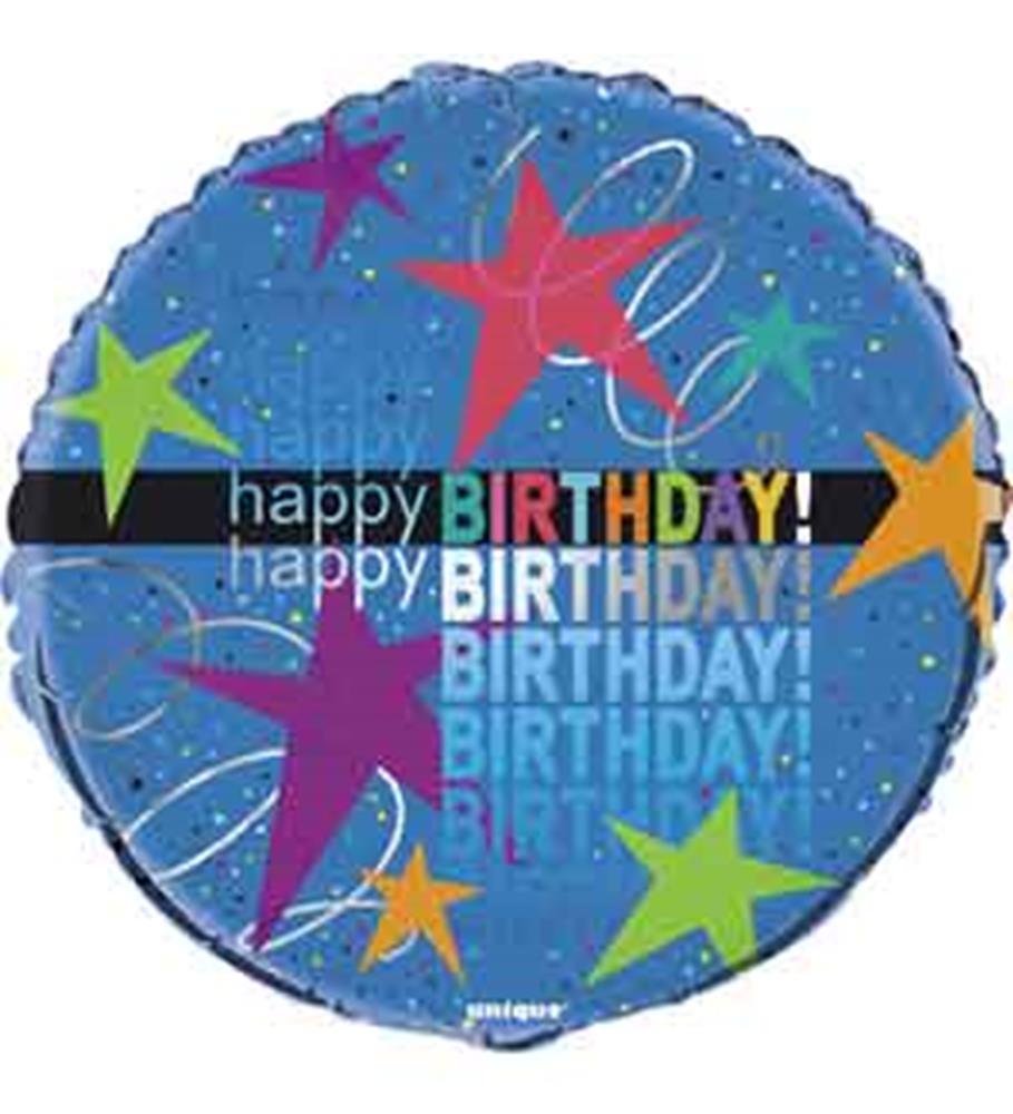 Round blue foil balloon with colorful stars and "Happy Birthday!" text in bold, festive letters.