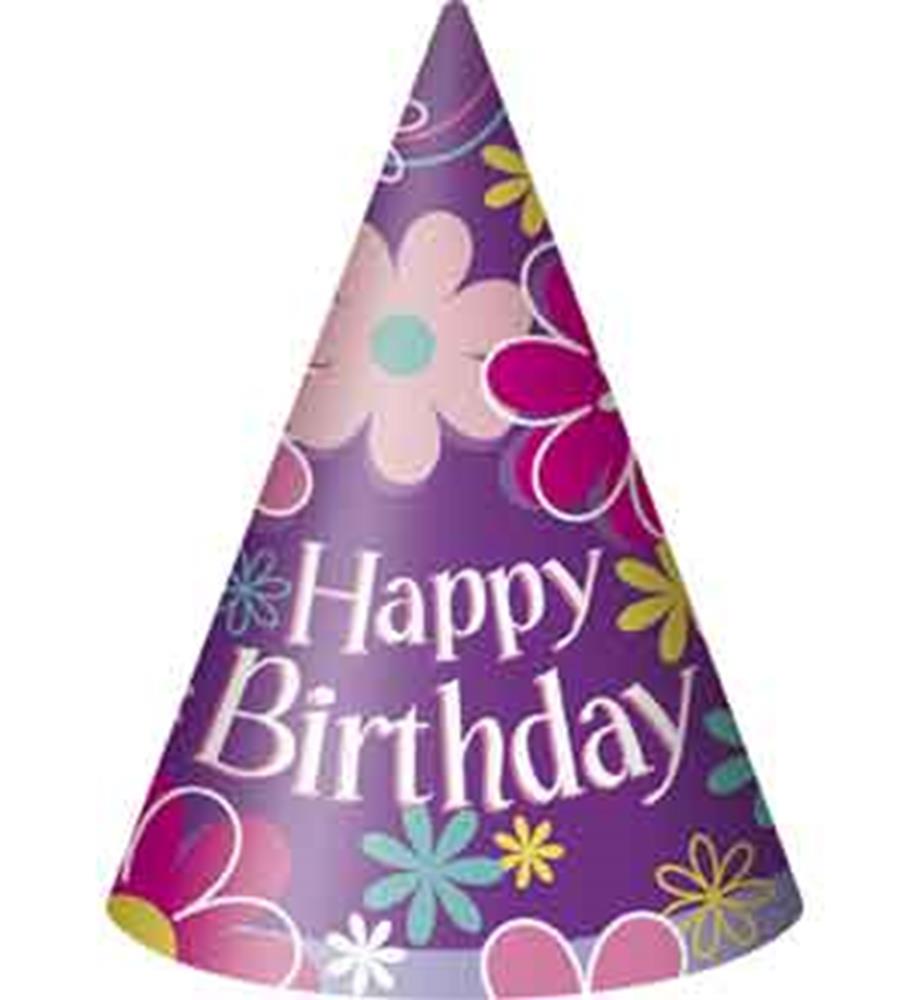 Purple cone party hat with colorful flowers and white "Happy Birthday" text, 8-count set.