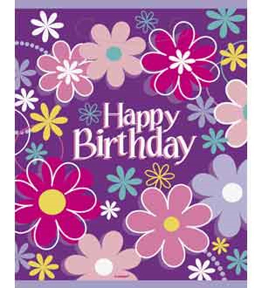 Purple party loot bag with colorful large and small flowers and "Happy Birthday" text in white.