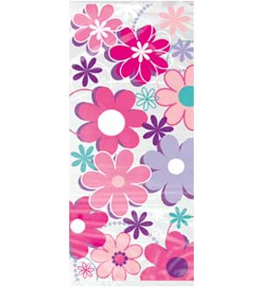 Clear cello bag decorated with colorful pink, purple, and teal flower patterns in various sizes.