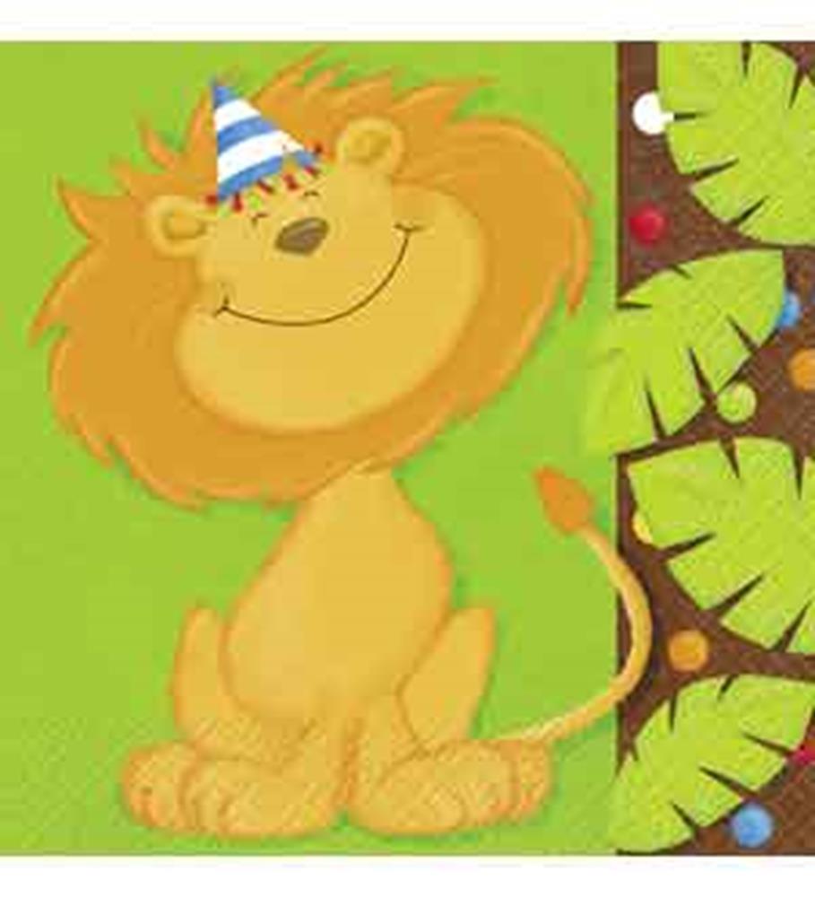 Green square napkin with smiling cartoon lion wearing a blue-striped party hat and jungle leaf border.