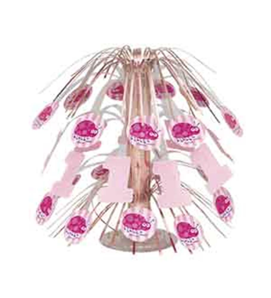 Pink and red ladybug-themed centerpiece with cascading wires and a large pink number one on a round base.