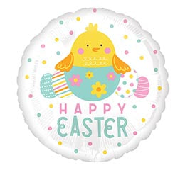 Round white foil balloon with a yellow chick in a blue decorated Easter egg and pastel polka dots.