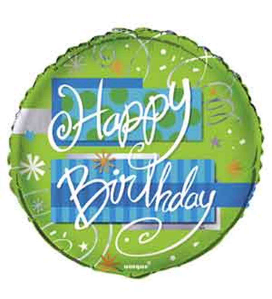 Round foil balloon with bright green background, blue stripes, and white "Happy Birthday" script text.
