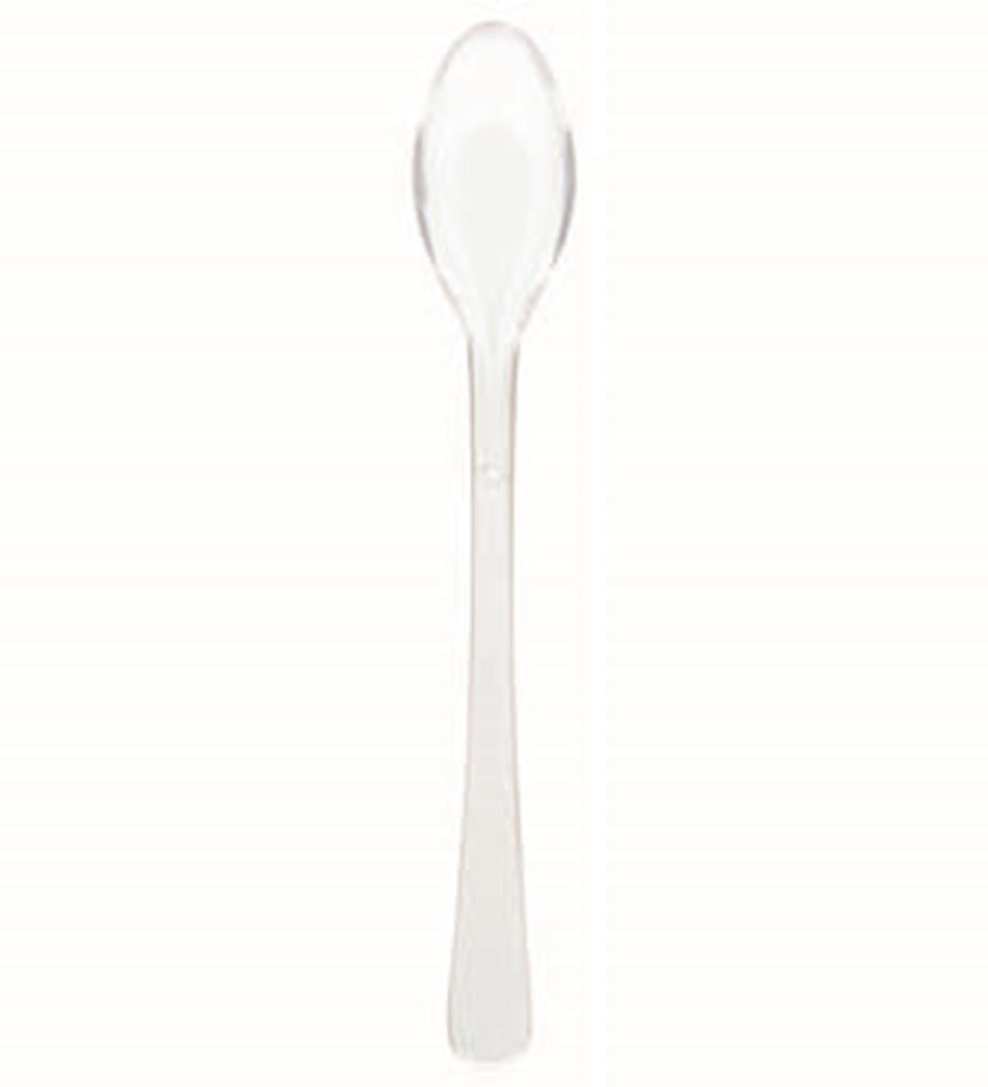 Clear small plastic spoon with long handle and rounded bowl.