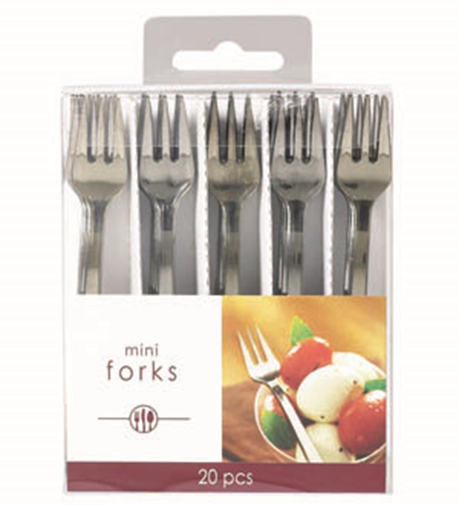 Set of 20 electroplated mini forks, shiny silver finish, 4-inch length, neatly arranged in clear plastic packaging.
