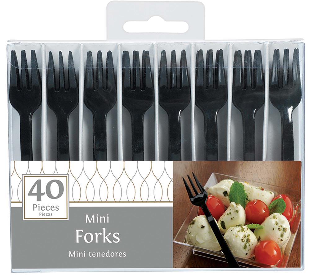 Pack of 40 black mini forks in clear plastic packaging with a salad image on the label.
