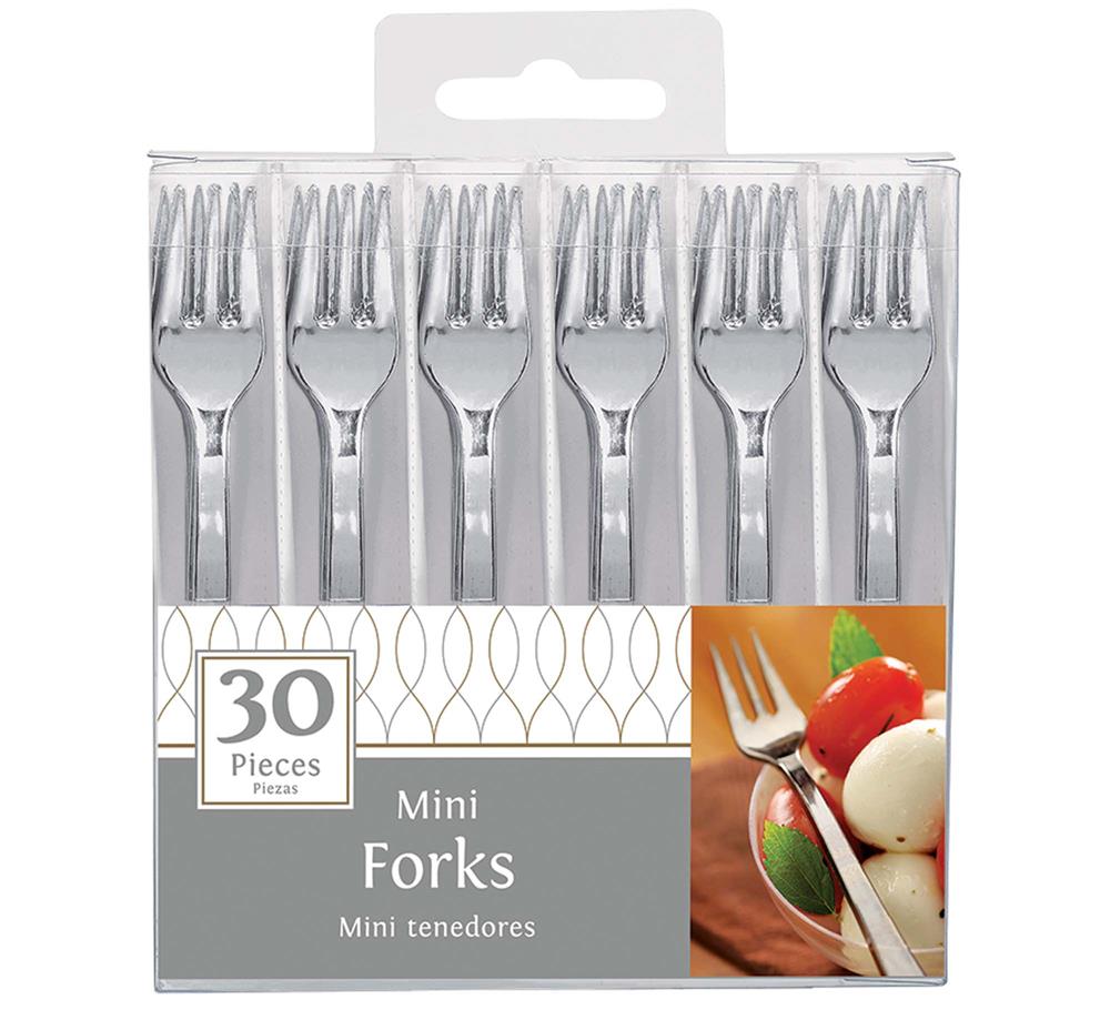 Set of 30 silver mini forks with sleek metal finish in clear plastic packaging.