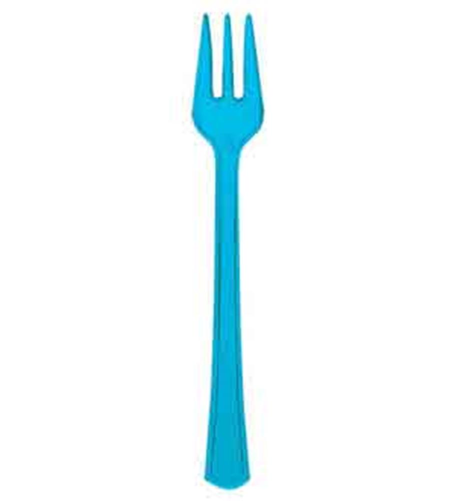 Caribbean blue plastic mini fork with three short tines and a tapered handle.