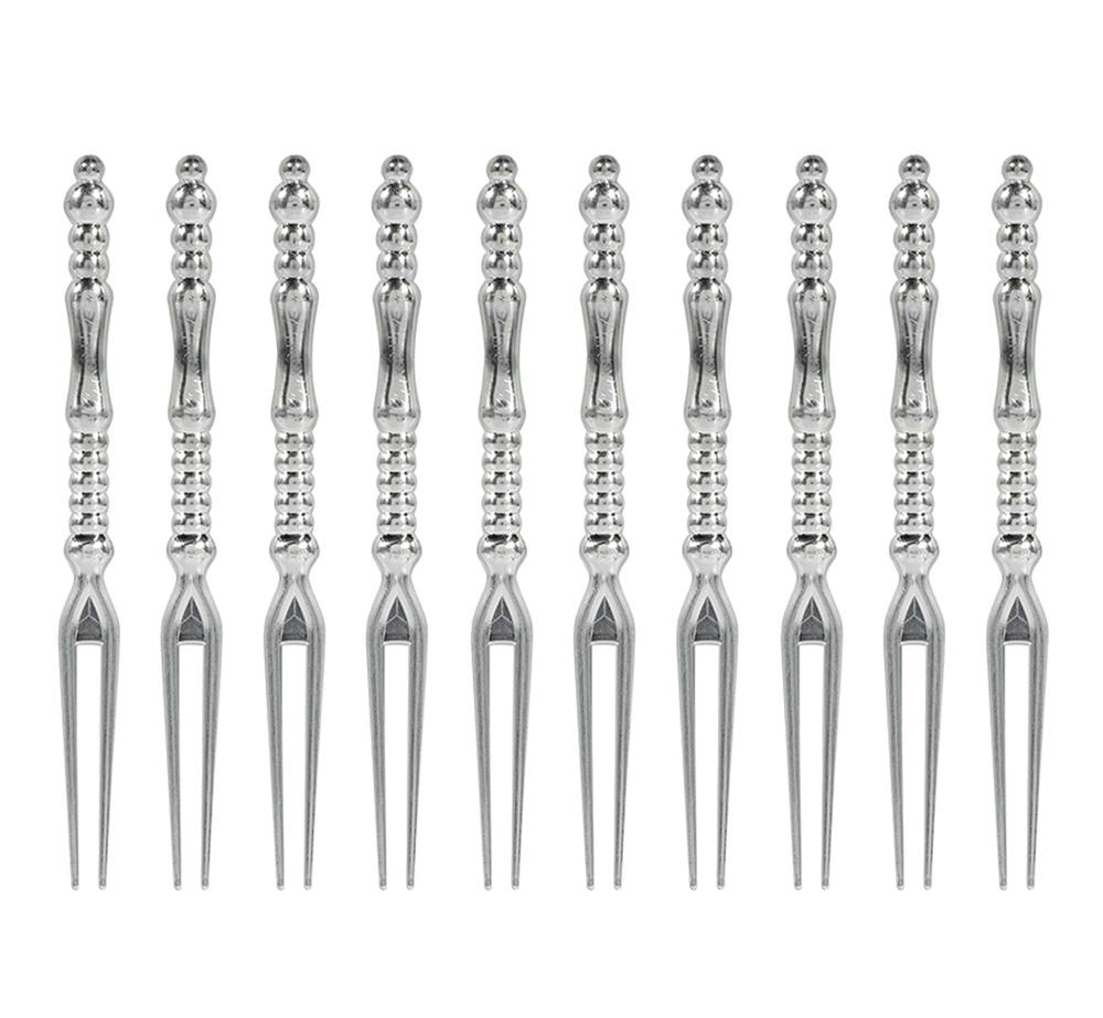 Set of ten silver translucent pick forks with ornate, rounded handles and two-pronged tips.