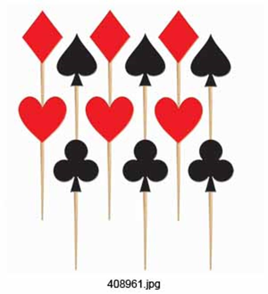 Red diamond, black spade, red heart, and black club casino card suit picks on wooden sticks.