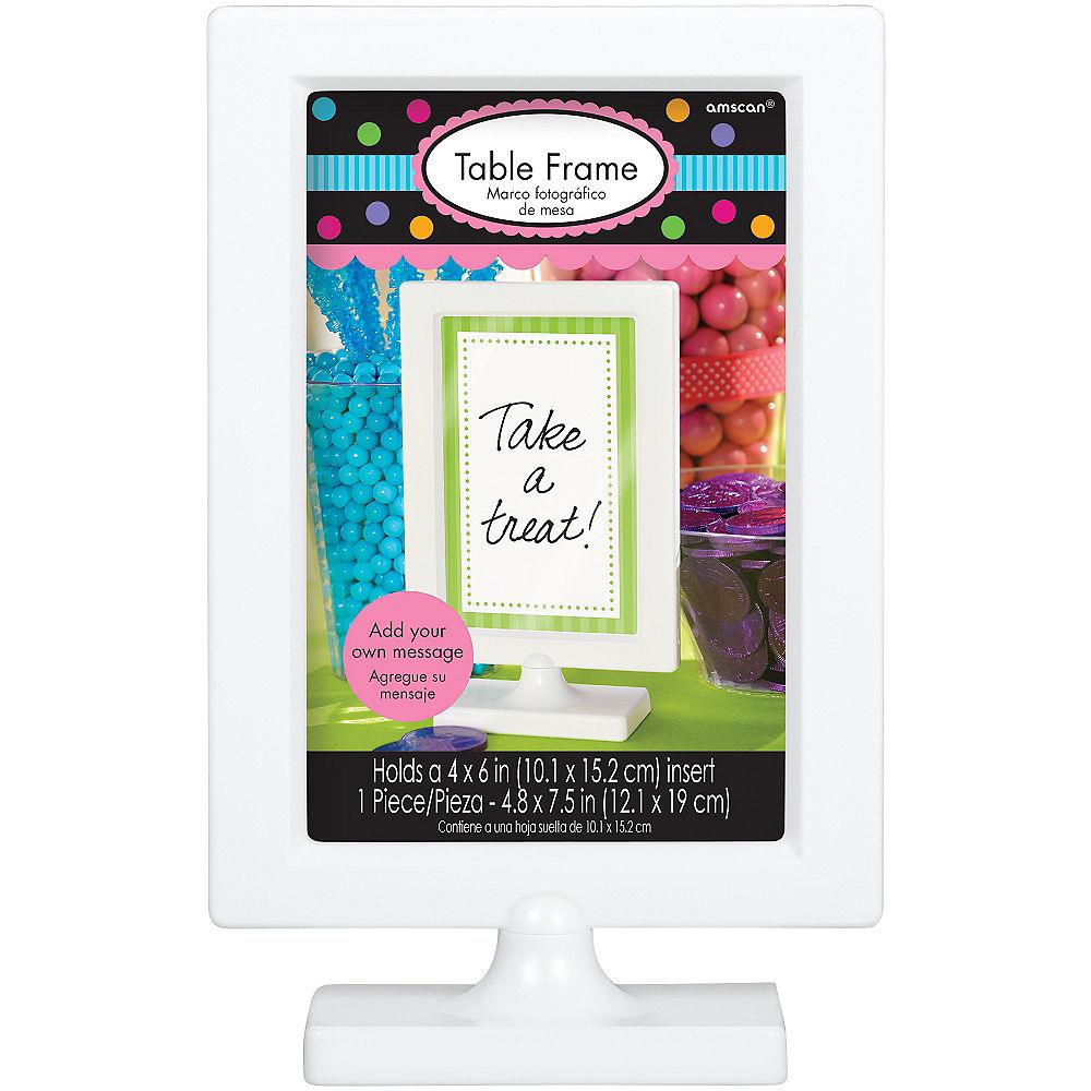White rectangular table picture frame with 4x6 inch display and pedestal stand.