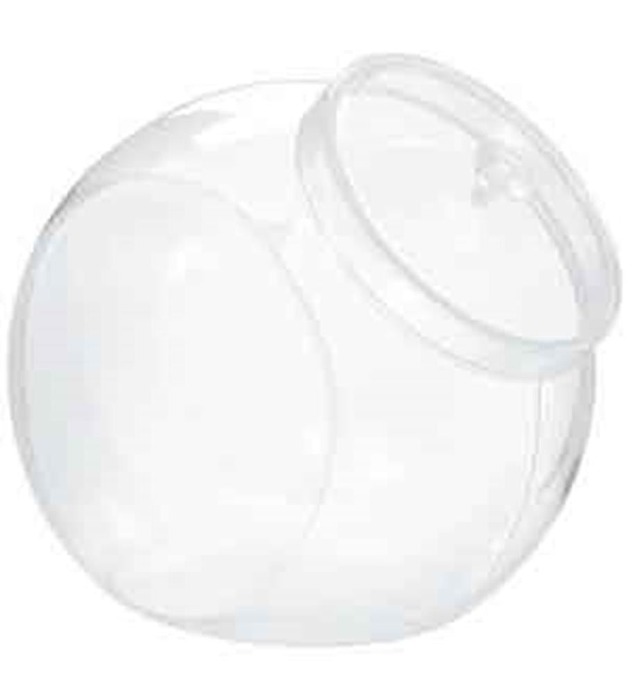Clear round plastic container with a matching clear lid angled on top.