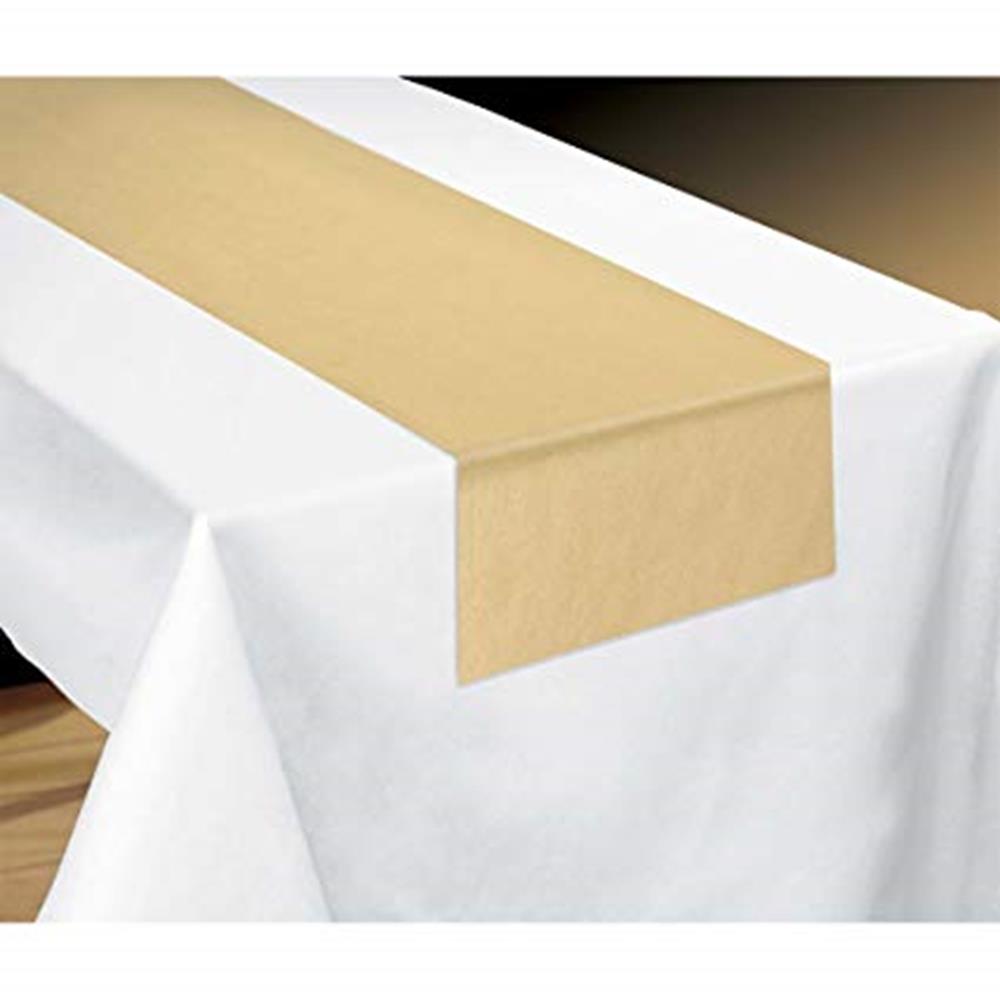 Beige kraft paper table runner on white rectangular table with clean, simple edges.