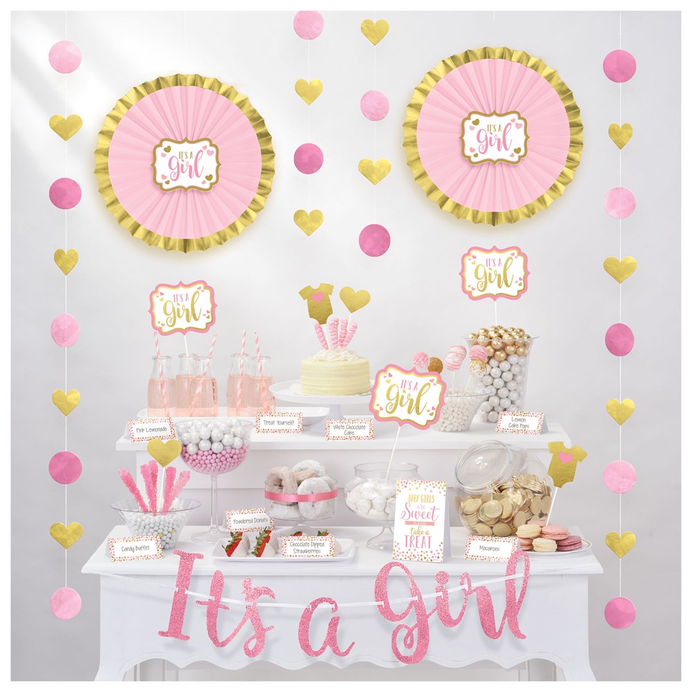 Baby shower girl buffet kit with pink and gold plates, cupcake toppers, "It's a Girl" banner, and coordinating table decor.