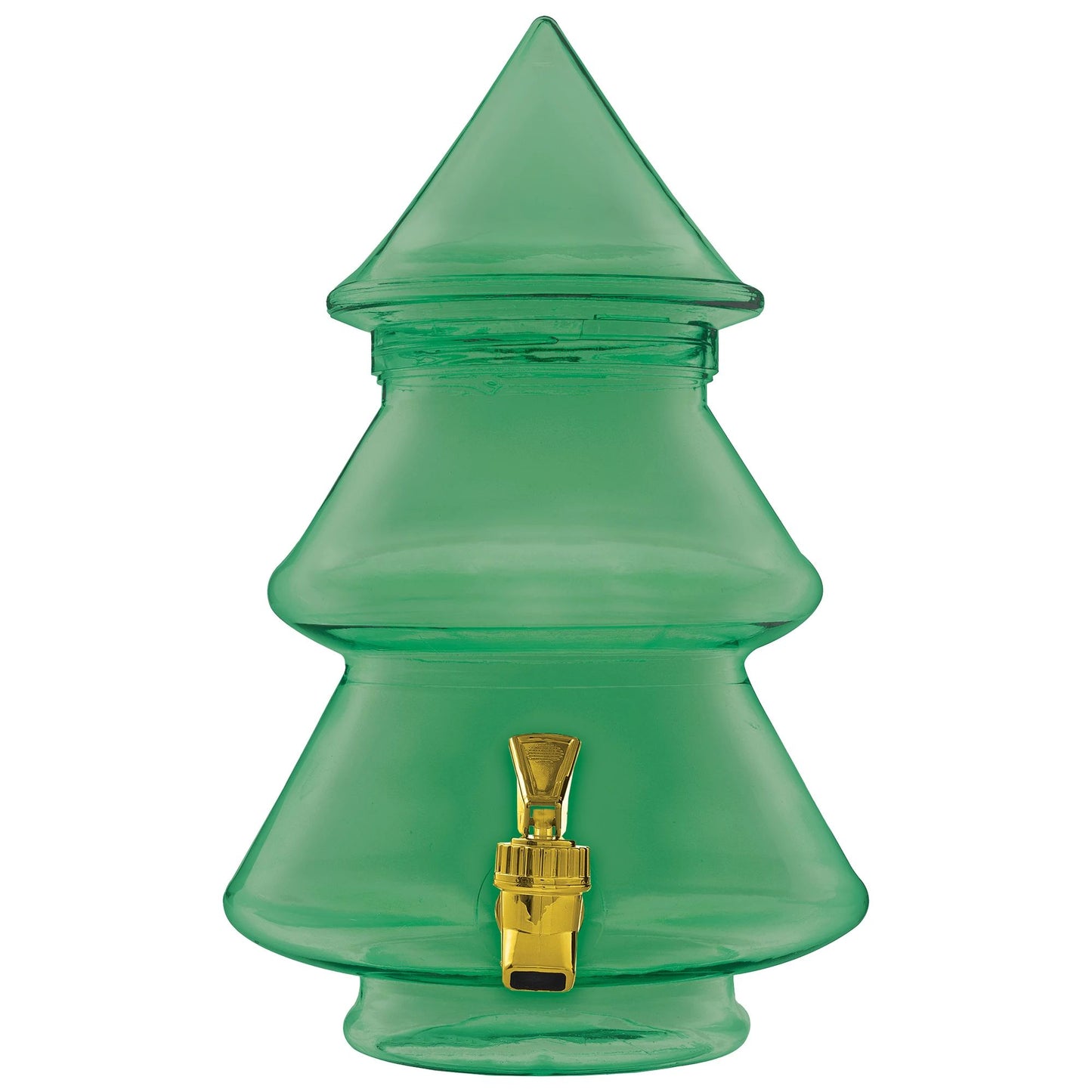 Green translucent plastic drink dispenser shaped like a tiered Christmas tree with a gold spigot at the base.