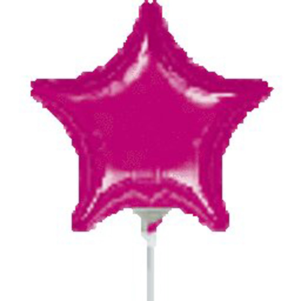 Shiny fuschia pink 4-inch star-shaped foil balloon with flat surface and short white stick holder.